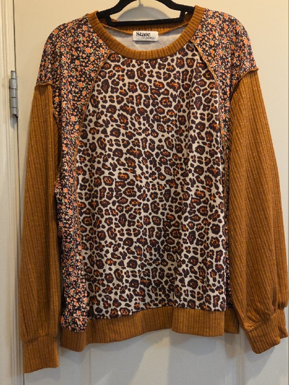NWOT State Of Fashion XL Leopard & Floral Patchwork Pullover Top - Picture 5 of 9